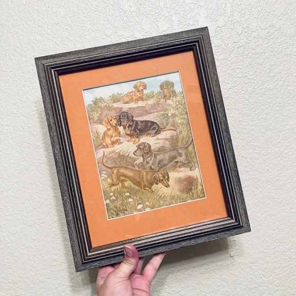 Vtg Long Haired Dachshund Weenie Dog Art Print Framed nature scene wall art - Picture 2 of 6